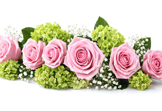 Beautiful pink roses bouquet with green hydrangeas and babys breath flowers arrangement