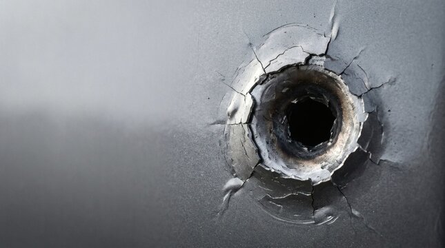 Bullet hole in a grey metal surface with cracks and impact damage