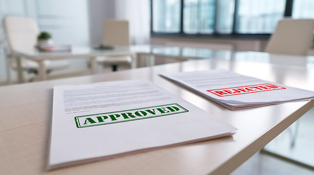 Business documents on office desk with red rejected and green approved stamp choice comparison concept in a modern corporate meeting room