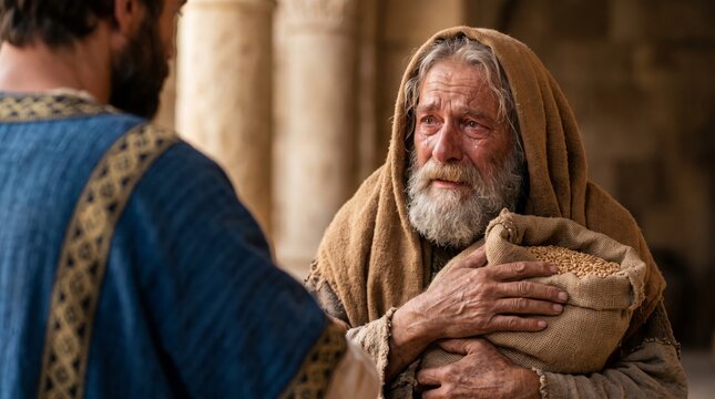 Biblical Joseph Provides Grain to Starving Man During Egyptian Famine Showing Profound Gratitude and Relief