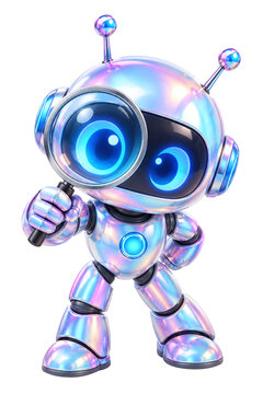 Iridescent 3D robot mascot holding magnifying glass, futuristic 3D character