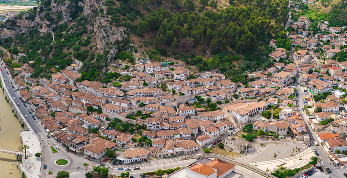 Aerial panorama of Berat historic town and riverfront Albania