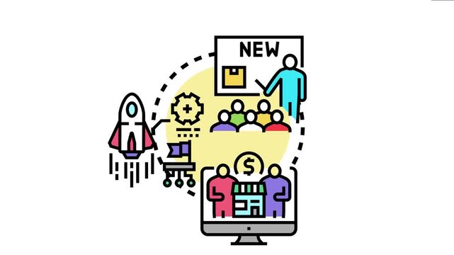 Product launch concept stages from initial idea and development to marketing presentation, sales strategy, and market entry for new businesses and innovation