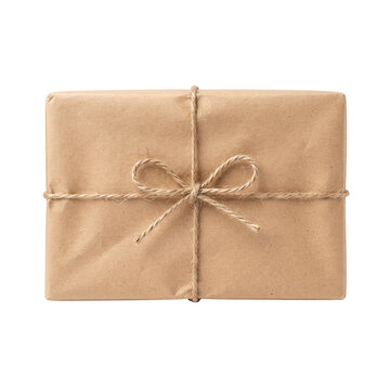 Brown paper gift box wrapped with twine string isolated on transparent background