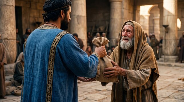 Joseph Generously Gives Grain to a Starving Man During a Biblical Famine in Egypt Depicting Hope and Relief