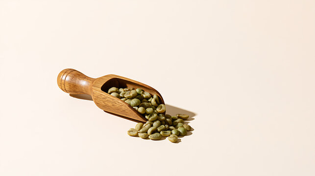 Raw green coffee beans, Coffea arabica, poured from a wooden scoop on a clean neutral background for agricultural product and bever