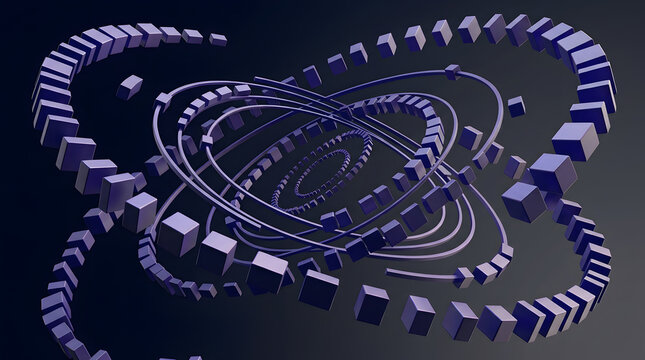 Abstract 3D sculpture of rotating purple cubes in a circular orbit pattern