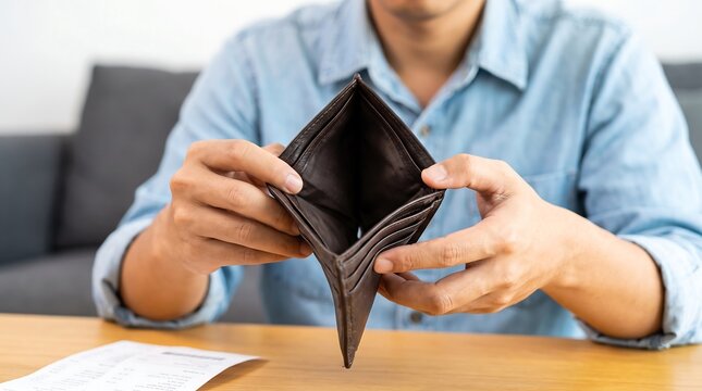 Person holding an empty leather wallet open while sitting at a table with bills financial hardship lack of money no money financial crisis unpaid bills personal finance