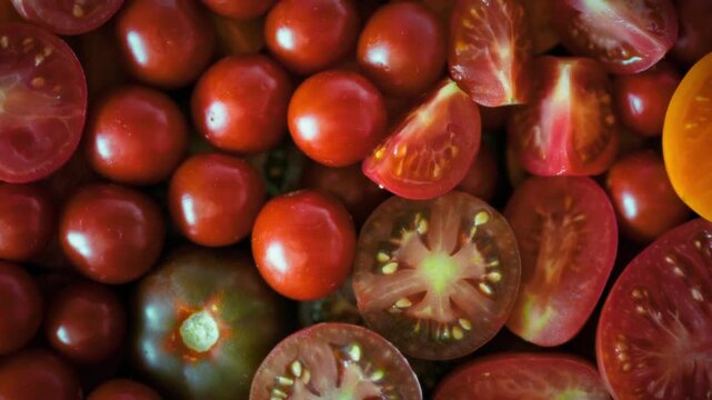 Smooth camera movement over sliced organic tomatoes in various yellow and red shades. Seeds and glistening juice create a natural surface. Theme of organic seasonal vegetables