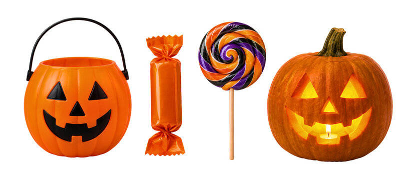 Halloween items including a pumpkin bucket, orange candy wrapper, lollipop, and a jack-o'-lantern
