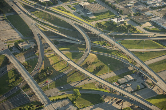 Aerial view of the complex highway interchange in Kansas City, Missouri, United States.