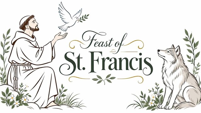 Illustrated Feast of St. Francis design featuring a robed friar, flying dove, wolf, botanical branches, and decorative lettering.