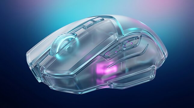 Modern wireless computer gaming mouse with glowing purple and blue neon lights