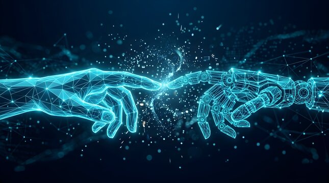 A human digital hand and a mechanical robot hand approach each other, surrounded by scattering light particles, illustrating the meeting point between human touch and robotic technology.