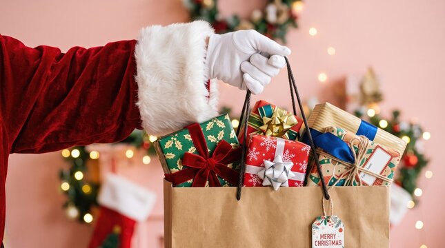 Santa's gloved hand holding a gift bag with wrapped presents and festive bokeh lights