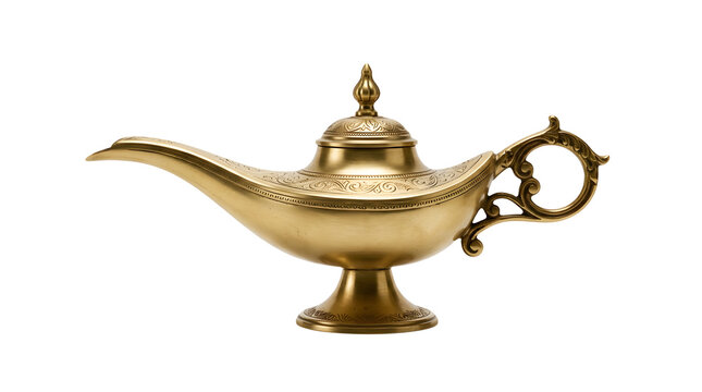 Ornate golden magic lamp isolated on a transparent background