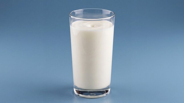Glass filled with fresh cold white milk on blue background   