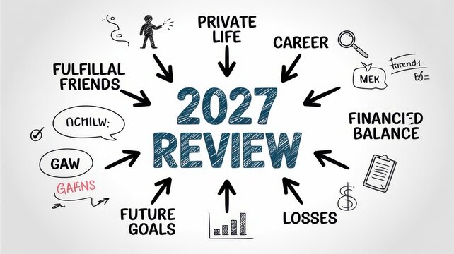 2027 year-end review infographic illustrating personal finance and career goals with transparent background