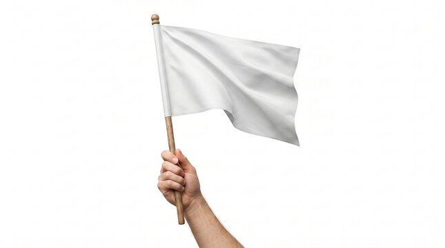 Hand waving blank white flag isolated on white background symbol of peace surrender and truce   