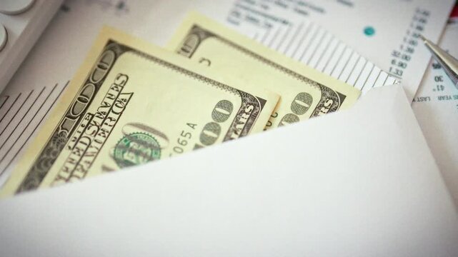 Stacks of one hundred dollar bills protrude from envelope, surrounded by business documents, symbolizing corruption and illegal transactions in deal, highlighting the dark side of corporate schemes