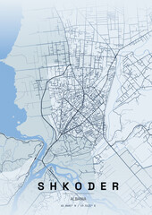 Shkoder, Albania – Blue Monochrome Map Poster © habib billah