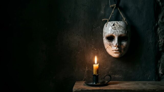 Cracked porcelain mask hanging on dark wall beside burning candle on wooden shelf. Creepy horror scene with mysterious face, Halloween and scary storytelling