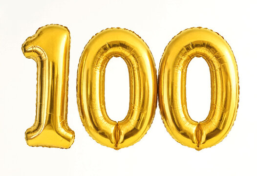 Golden foil number one hundred balloons isolated on clear background