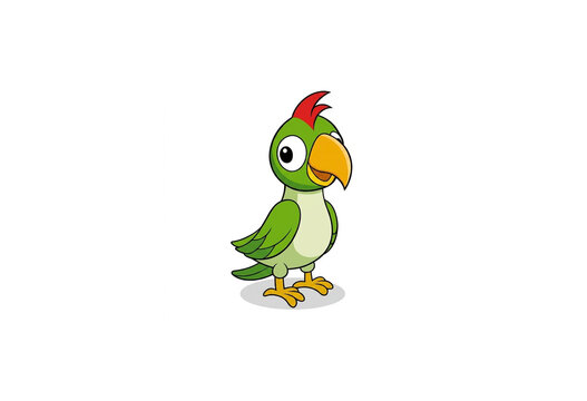 Cute Cartoon Green Parrot Character, Isolated Vector Illustration, Friendly Cartoon Parrot Bird, Red Crest, Orange Beak, Vector Asset