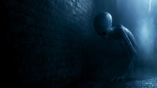 Grey alien creature creeping along dark brick wall in foggy night alley. Scary extraterrestrial monster walking in city street. Horror and Halloween mystery