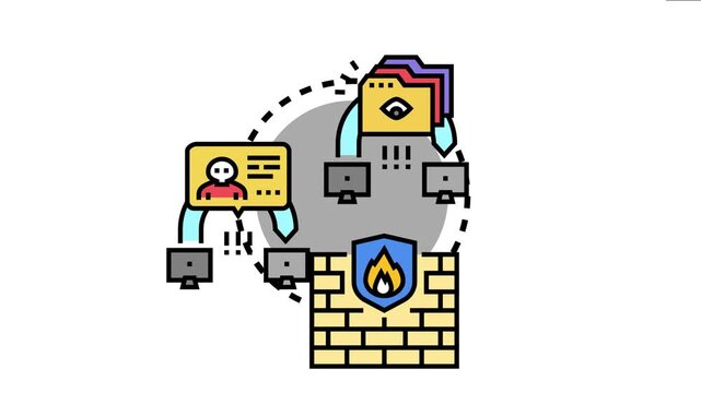 Malicious actor intercepting sensitive data packets flowing between computers on a network, creating a cybersecurity threat and indicating a need for strong firewall protection