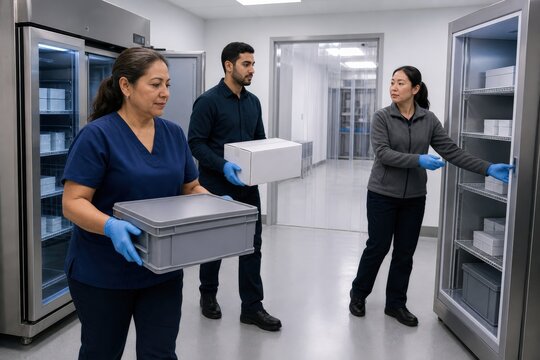 Pharmacy vaccine cold chain monitoring team transferring supplies during scheduled maintenance