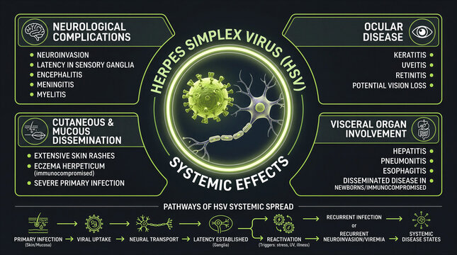 Medical infographic detailing the systemic effects and infection pathways of herpes simplex virus