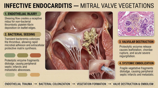 Medical illustration of infective endocarditis showing mitral valve vegetation pathology