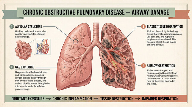 Medical infographic illustrating the progression of chronic obstructive pulmonary disease damage