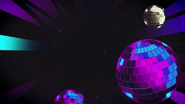 Disco ball rotating in dark nightclub with vibrant neon purple and blue lights video footage