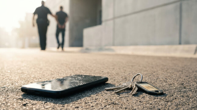 Dropped item pavement smartphone key urban street foreground sunlight shadow background walkway concrete building pedestrian