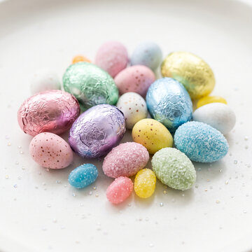 Colorful Easter eggs arranged on a white plate for festive celebration  