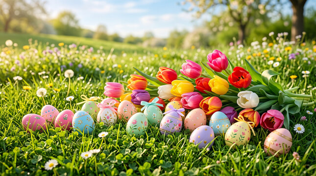 Colorful Easter eggs and tulips on green grass in spring sunshine  