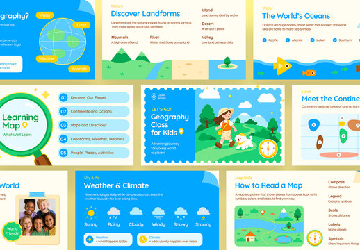 Kids Geography Presentation Template, Colorful Illustrated Lesson Slides on Maps, Continents & Oceans for Elementary School and Homeschool