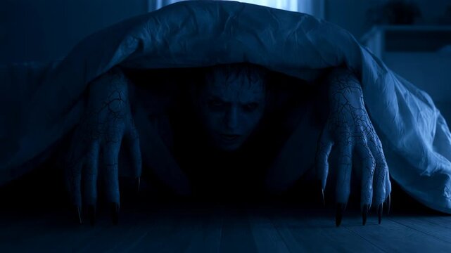 Monster claws crawling out from under bed at night. Scary demon hands with long nails emerging in dark bedroom. Horror movie scene and Halloween nightmare