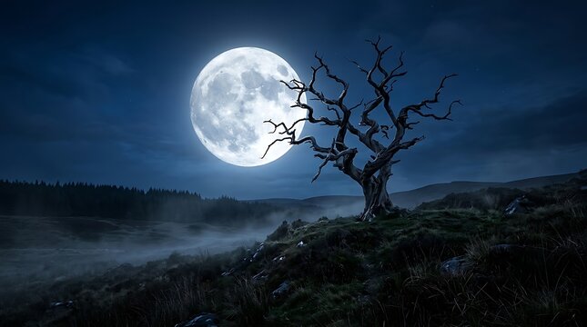 A mystical lone dead tree standing on a foggy hill under a large bright full moon in the night sky