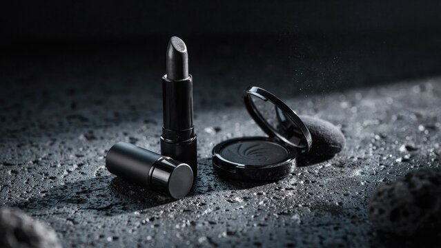 Lipstick Set with Powder and Compact Mirror. Beauty Product Concept, Dark Aesthetic, Makeup Illustration