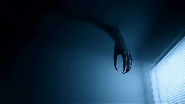 Monster claw with long nails reaching down from ceiling in dark room. Scary hand of demon in blue night bedroom near window. Horror movie scene and Halloween