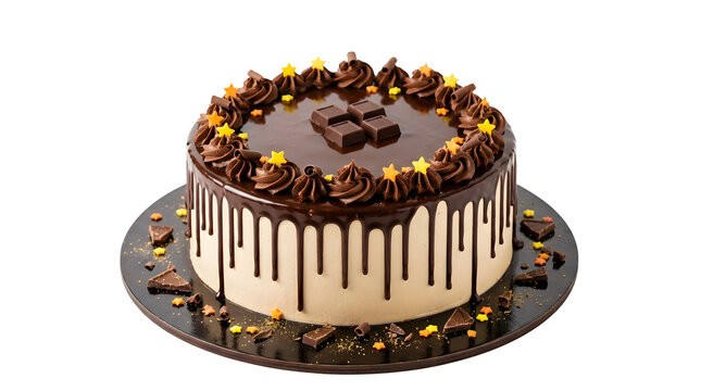 Chocolate drip cake with star sprinkles isolated on transparent background