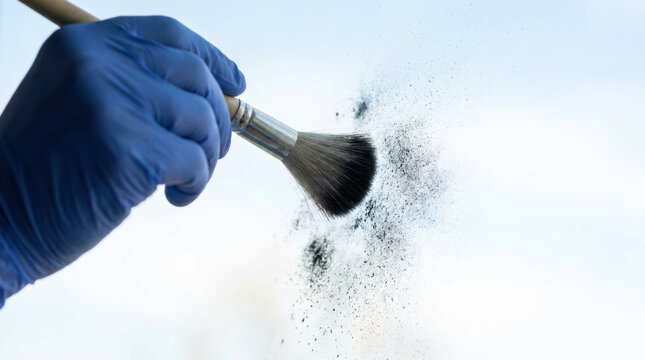 Investigator dusting fingerprint powder with brush, forensic evidence collection showing precise investigative technique