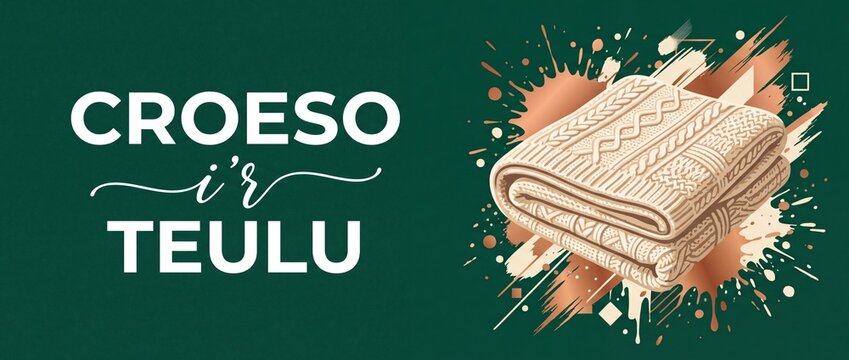 Croeso ir Teulu Welsh welcome banner with knitted baby blanket graphic illustration for family greeting card background, cozy newborn arrival typography design concept for traditional Wales celebratio
