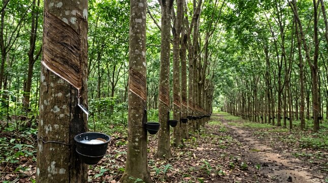 Harvesting natural rubber latex in a lush green forest plantation