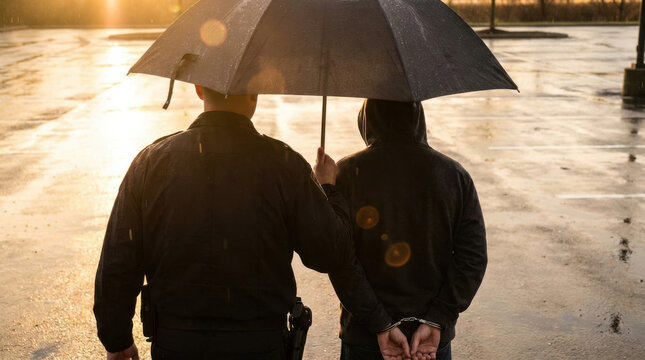 Officer escorting detained person under umbrella during rainy sunset, showing secure custody and wet street reflection
