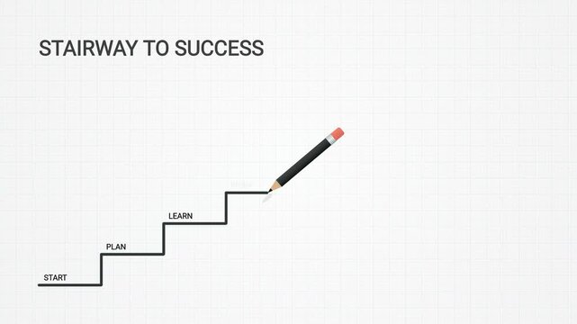 Pencil Climbing Stairs to Success Animation - Goal Achievement, Progress, Motivation Concept