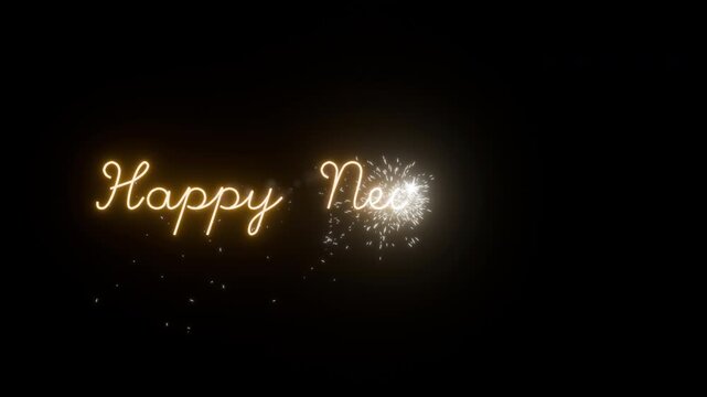 Glowing gold Happy New Year neon text appears written by a bright sparkler against dark space in this festive holiday 3D render